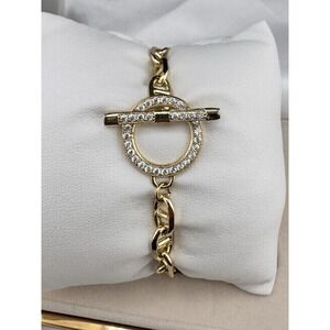 Gold Plated 14k  Chain Bracelet Toggle Closure Clear Round Crystal Pavé